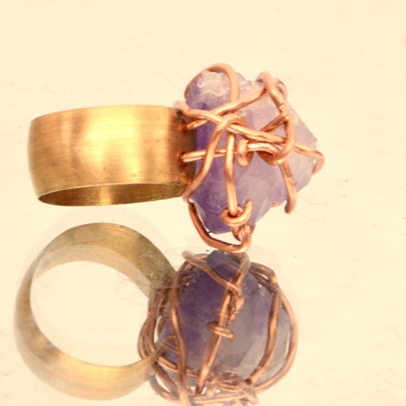 Conceptual Subculture Jewelry - Amethyst Copper Brass Gemstone Size 9 Ring Wrap